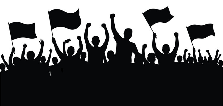 A crowd of silhouetted people waving flags and raising their arms in celebration