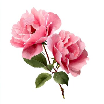 Digital illustration of two pink roses, green leaves, on white background