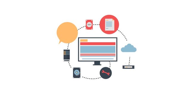 Conceptual illustration of a connected computer system displaying data storage and cloud integration.