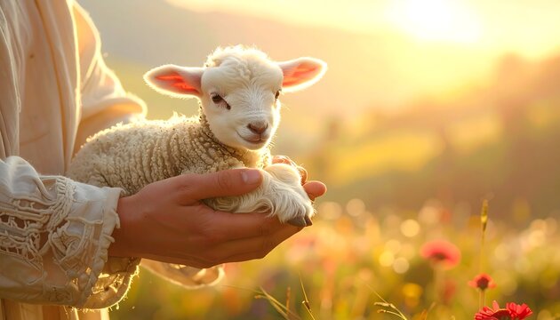A person cradling a lamb in a serene field