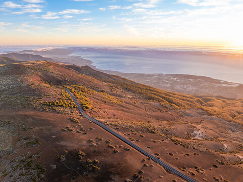 TF-24 highway in Teide National Park to San Cristobal de la Laguna. Canary Islands. Tenerife. Aerial photo.