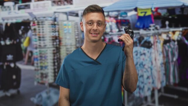 Man physiotherapist holds a handheld dynamometer in hand at a street market stall; reassurance patient assessment.