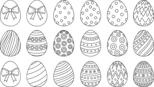 Easter Eggs Outline Set with Decorative Patterns and Bows Illustration for Coloring Pages, Holiday Crafts, Spring Celebration, and Kids Activity Design