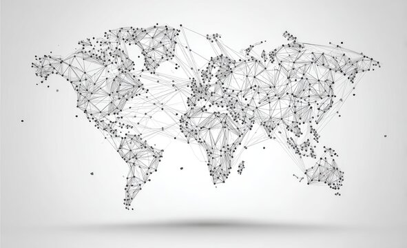 Grey abstract world map depicting connected points and lines, forming a network