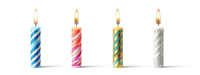 Four lit, colorful, twisted birthday candles isolated on white background