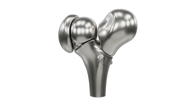 Metallic prosthetic hip joint replacement model isolated on transparent background