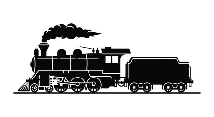 A striking black silhouette of a vintage steam locomotive with detailed wheels and billowing smoke silhouette high quality © njhasan
