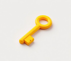A shiny, yellow, 3D-rendered key lies diagonally on a clean, white background