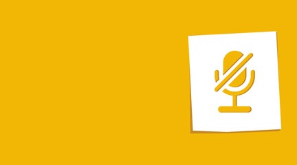 Muted Microphone Icon on White Paper Sticker with Yellow Background, vector illustration. Flat design style.