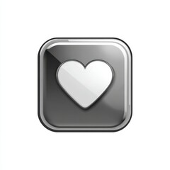 Glossy Silver Heart Icon on Dark Square Background With Rounded Corners and Subtle Reflection