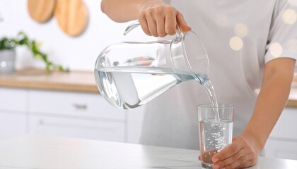 Person Pouring Water from Pitcher into Glass.