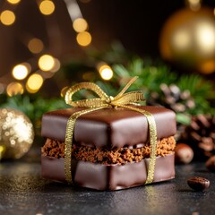 Delicious Chocolate Layer Cake Shaped Like a Festive Gift with Golden Ribbon and Holiday Decor