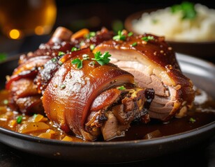 Delicious Roasted Pork Knuckle with Gravy and Garnish