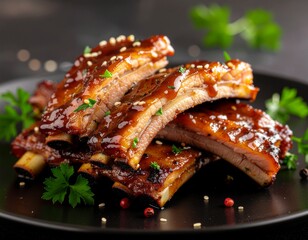 Deliciously Glazed Pork Ribs on a Dark Plate
