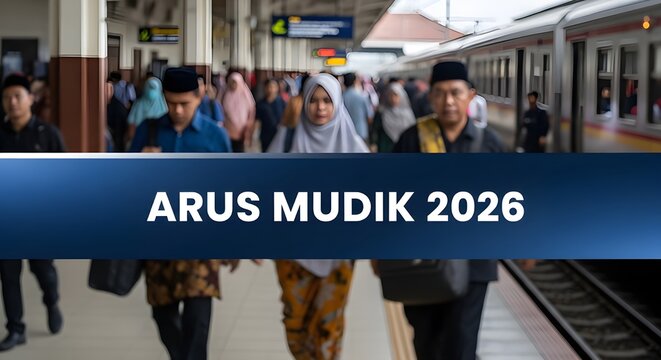 Arus mudik 2026 or illustration of the 2026 homecoming traffic at a train station with many passengers waiting for the train on the platform. Concepts include homecoming travel, public transportation