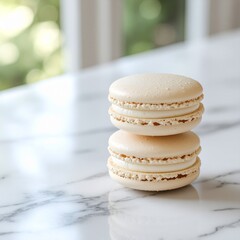 Two light cream macarons stacked on a marble surface