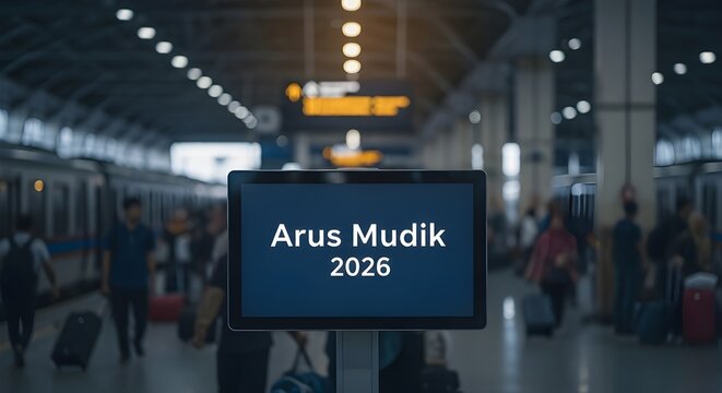 Arus mudik 2026 or illustration of the 2026 homecoming traffic at a train station with many passengers waiting for the train on the platform. Concepts include homecoming travel, public transportation