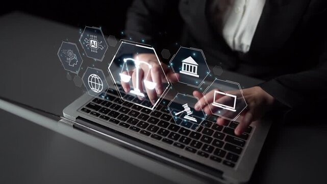 Futuristic digital law interface displaying justice scale, highlighting digital law, AI compliance, digital law systems, and digital law regulations for secure governance. Muxer