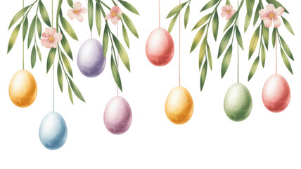 Colorful easter eggs hanging from branches with leaves and flowers in soft watercolor style