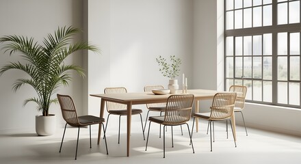 Fototapeta premium Elegant Dining Room with Wooden Table and Stylish Chairs, Bright Interior.