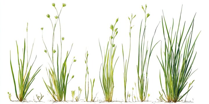 Watercolor botanical illustration of various grasses with seed heads, isolated on white