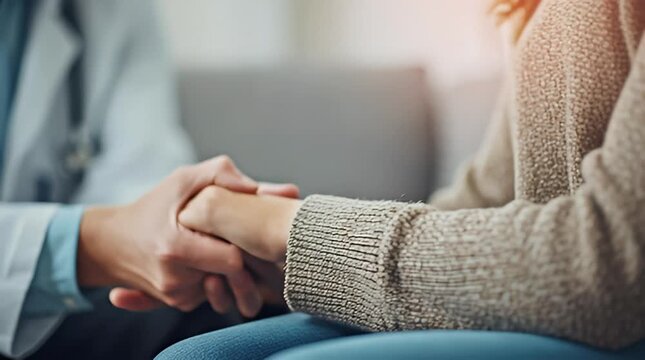 A woman receives comforting support through a gentle hand on her arm from another person in an indoor setting.