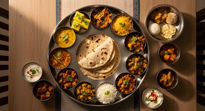 Traditional Indian Thali Platter with Assorted Dishes and Breads.