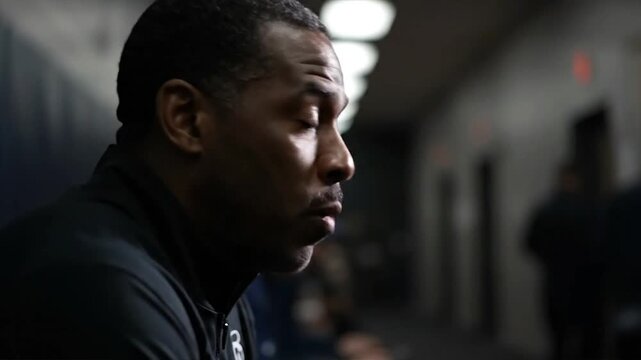 A soccer coach intensely observes a football game from the sidelines in a dimly lit stadium corridor