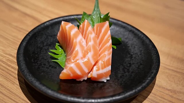 salmon sashimi on black plate with shiso leaf closeup