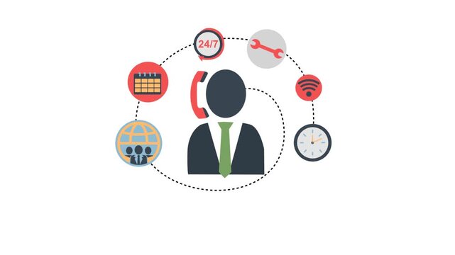 Illustrated customer service concept depicting 24/7 support and global communication on a white background
