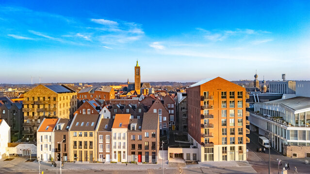 Venlo town marina and waterfront near Meuse river aerial drone view from above, Venlo bird&rsquo;s view cityscape on sunny weather, Limburg, Netherlands