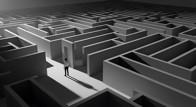 A person lost in a complex maze with many paths and dead ends