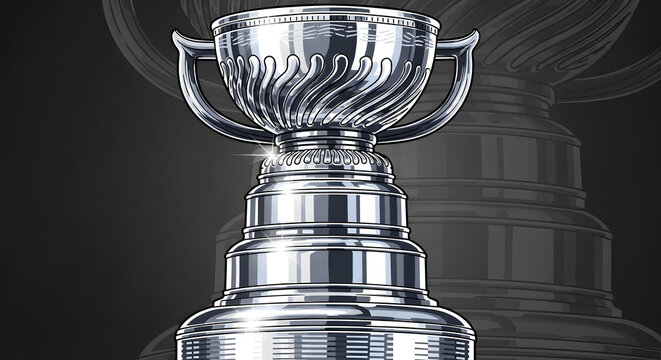 Large shiny silver championship trophy with a wide base and ornate handles