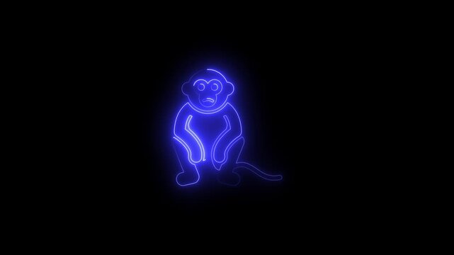 Neon blue monkey outline sitting on black background glowing primate
