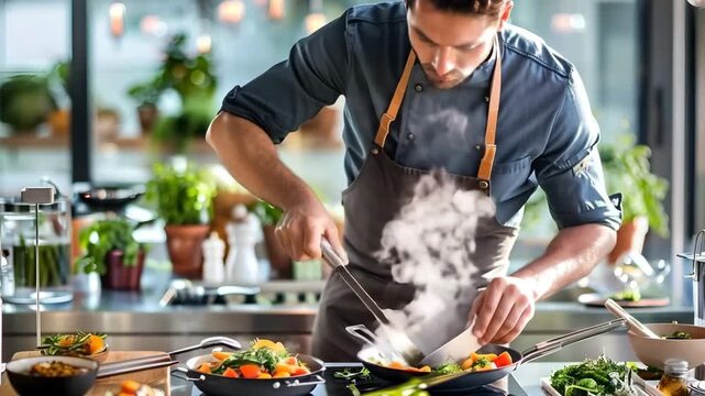 Chef Cooking Fresh Vegetables in Modern Kitchen