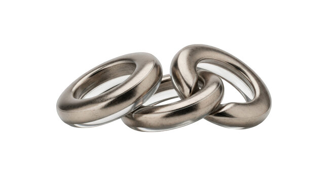 Three interconnected silver rings with shiny metallic finish isolated on transparent background
