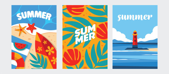Summer and travel concept poster collection. Trendy bright and colorful tropical theme for banner, promotion, flyer design template. © titusurya