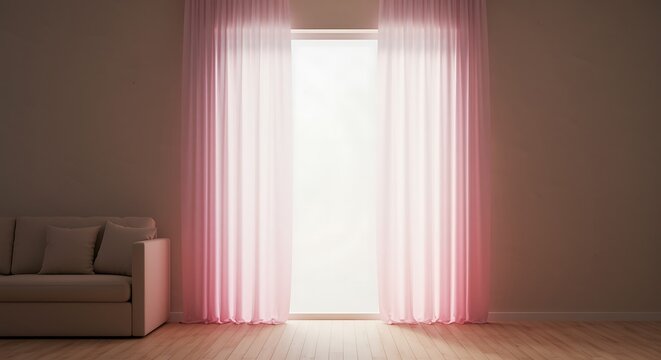 Minimalist living room interior with soft natural light streaming through sheer curtains beside a cozy sofa