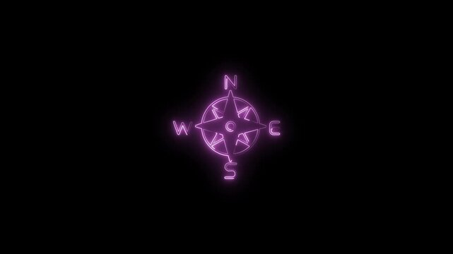 Neon compass rose with glowing purple outline on black background navigation symbol direction indicator