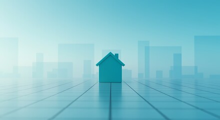 Modern minimalist house icon standing on futuristic digital cityscape background with gradient sky