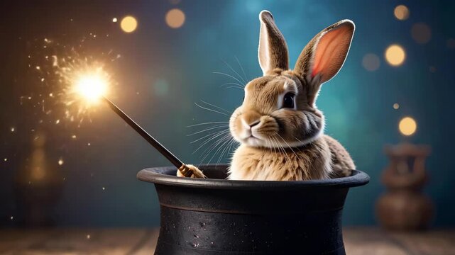Magical rabbit appearing from top hat with sparkling wand and bokeh lights