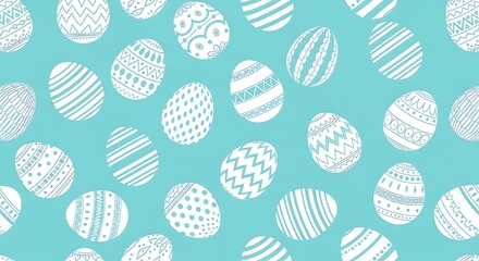 A visually appealing pattern of decorated Easter eggs on a light blue background from a directly overhead viewpoint