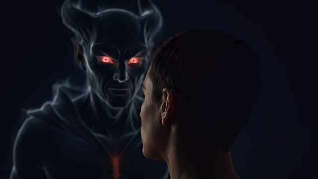 A man confronts a glowing demonic figure in a dark, eerie confrontation scene.