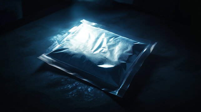 Sealed plastic powder package illuminated on dark surface