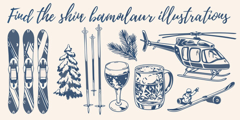 Winter themed illustrations skis helicopter pine trees and beverages © Tapan