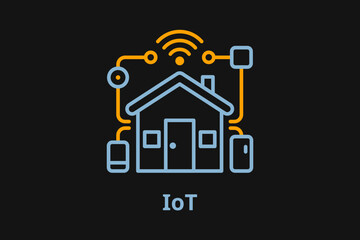 Smart home automation system icon with IoT text, internet of things concept with house and connected devices on dark background.