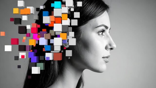 Woman's profile in black and white with colorful 3D cubes emanating from her head