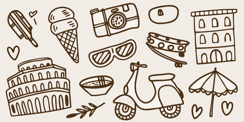 Hand drawn illustration featuring travel icons and summer vacation elements © Tapan