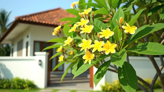 A vibrant branch of yellow flowers with a tropical home in the background on a sunny day. Green leaves add to the view
