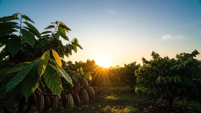 A vibrant sunset casts golden rays over rows of trees bearing large fruits, amidst lush green foliage and clear skies